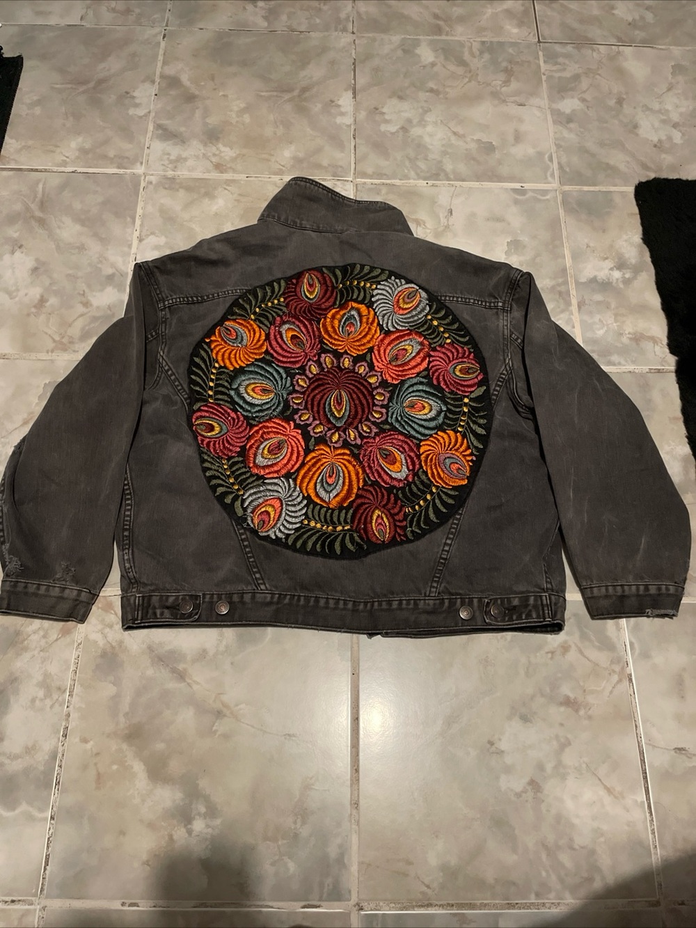 Free People Women’s Black Oversized Embroidered Denim Jacket SZ XS /S
